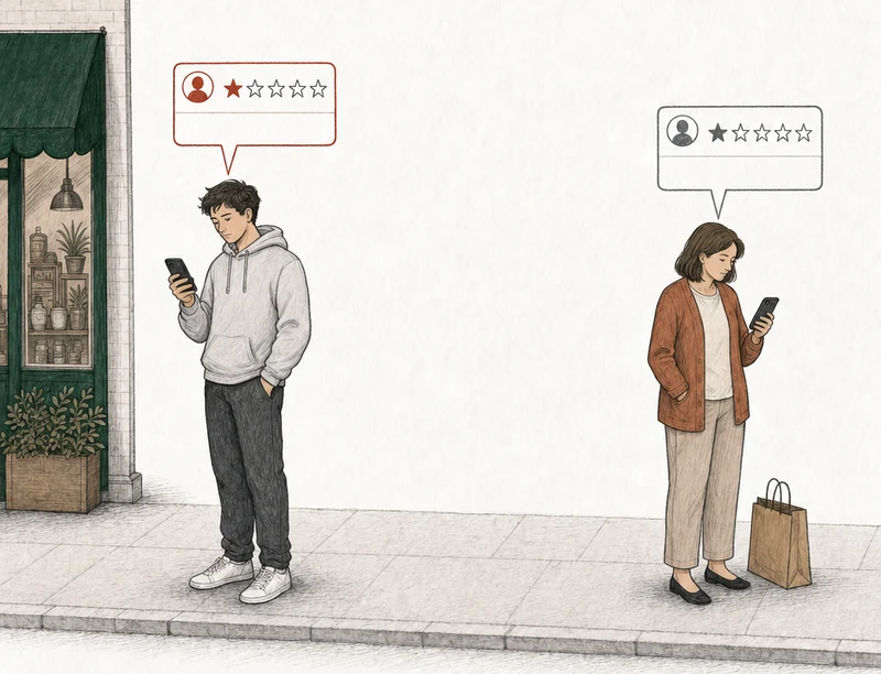 Illustration: two people on the pavement, each posting a one-star review from a phone. At the left, by the green-awning shop, a young man in a gray hooded sweatshirt; his review card is drawn in red. At the right, apart from him, a woman with a paper shopping bag; her review card is drawn in plain gray. Labels: No real experience, Waited an hour.