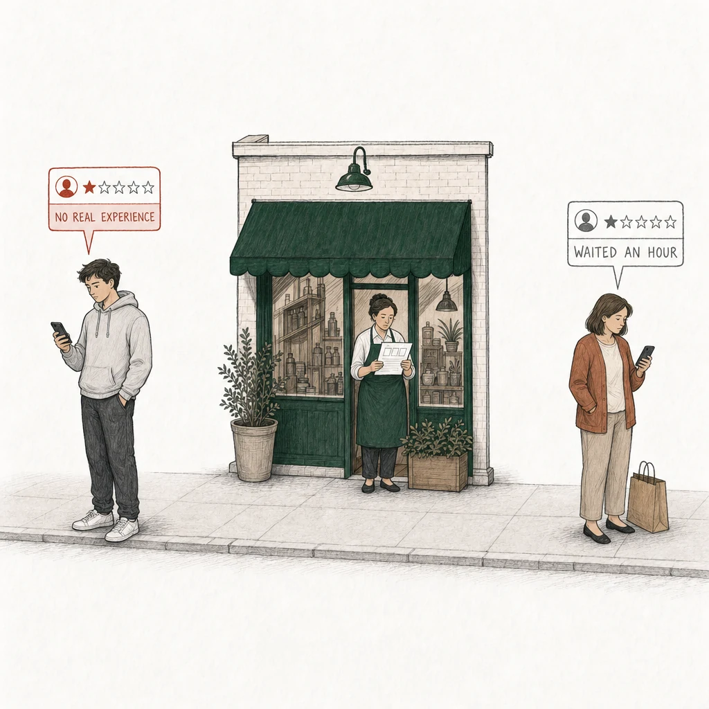 Illustration: a street with a small shop under a green awning. The owner stands in its doorway in her apron, reading a printed quote form with empty boxes and no price on it. On the pavement two people post one-star reviews from their phones. At the left, a young man in a gray hooded sweatshirt; his review card is drawn in red and labeled No real experience. At the right, apart from him, a woman with a paper shopping bag; her card is drawn in plain gray and labeled Waited an hour.