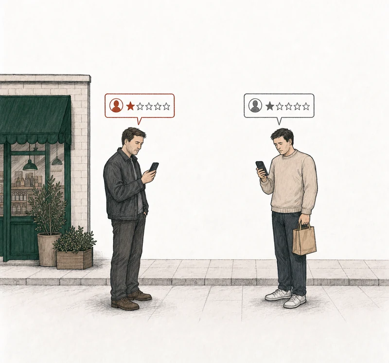 Illustration: two people on the pavement, each posting a one-star review from a phone. At the left, by the green-awning shop, a man in a dark work jacket; his review card is drawn in red. At the right, apart from him, a man with a takeaway bag; his review card is drawn in plain gray. Labels: Threat against the owner, Long wait, wrong order.