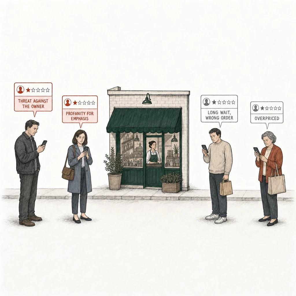 Illustration: a street with a small shop under a green awning. Four people stand on the pavement, each posting a one-star review from a phone. Two of the review cards are drawn in red and labelled with what breaks a Google policy: Threat against the owner, a man in a dark work jacket; Profanity for emphasis, a woman in a slate coat. At the right, apart from them, two ordinary customers post one-star reviews drawn in plain gray: Long wait, wrong order, a man with a takeaway bag; Overpriced, an older woman with a shopping bag.
