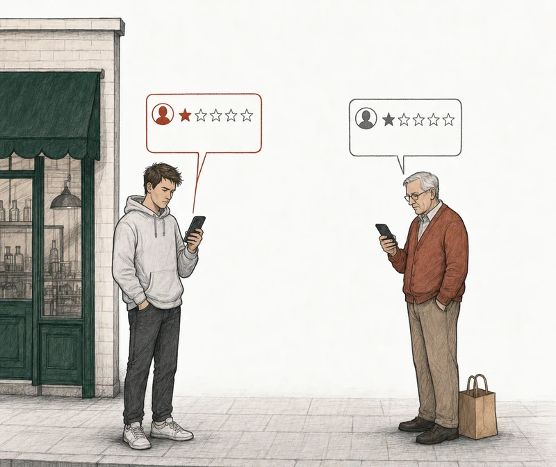 Illustration: two people on the pavement, each posting a one-star review from a phone. At the left, by the green-awning shop, a young man in a gray hooded sweatshirt whose review is not based on a real experience; his review card is drawn in red. At the right, apart from him, an older customer in a rust cardigan with a paper takeaway bag; his review card is drawn in plain gray. Labels: No real experience, Cold food, real visit.