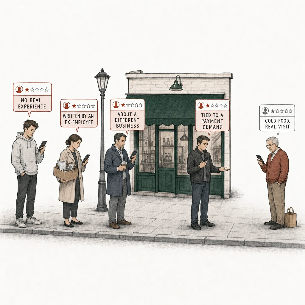 Illustration: a street with a small shop under a green awning. Five people stand on the pavement, each posting a one-star review from a phone. Four of the review cards are drawn in red and labelled with why Google has a reason to take the review down: No real experience, a young man in a gray hooded sweatshirt standing well away from the shop; Written by an ex-employee, a woman in a beige coat with a cardboard box of belongings under one arm by the shop's doorway; About a different business, a man in a slate overcoat with a takeaway coffee at the curb by a lamppost, his back to the shop; Tied to a payment demand, a man in a dark jacket with his free hand held out, palm up. At the far right, apart from them, an ordinary customer, an older man in a rust cardigan with a paper takeaway bag at his feet, posts a one-star review drawn in plain gray: Cold food, real visit.