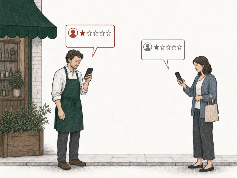 Illustration: two people on the pavement, each looking at a phone. At the left, by the green-awning shop, the owner in his green apron; the review card above his phone is drawn in red. At the right, apart from him, the customer who wrote the review, a woman with a shopping bag; the card above her phone is drawn in plain gray. Labels: Not on the listing, Your review.