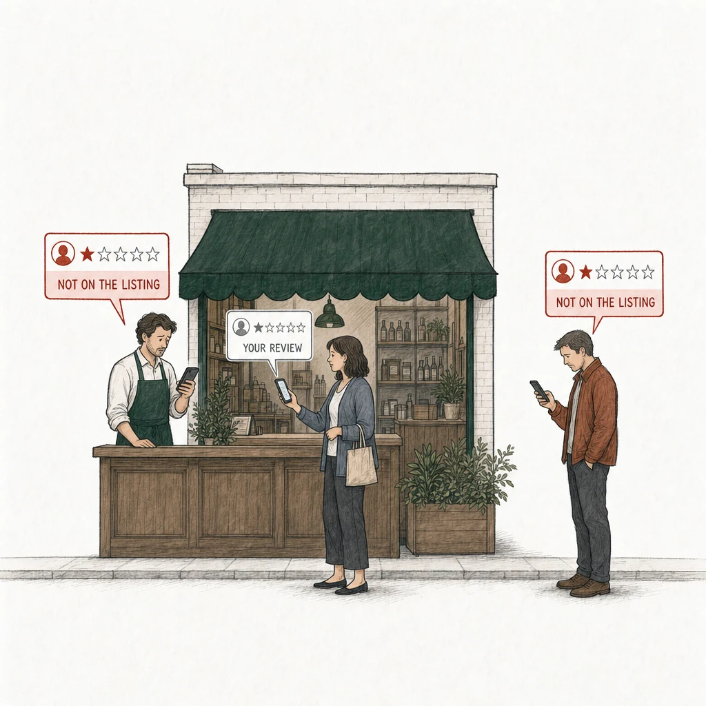Illustration: a shop counter under a green awning, open to the street. Three people, each with a phone. The customer at the counter holds hers up; the review card above it is drawn in plain gray and labelled Your review. The owner behind the counter looks at his own listing on his phone; the card above it is drawn in red and labelled Not on the listing. At the right, apart from them, a second customer scrolls the listing on his phone; his card is drawn in red and labelled Not on the listing.