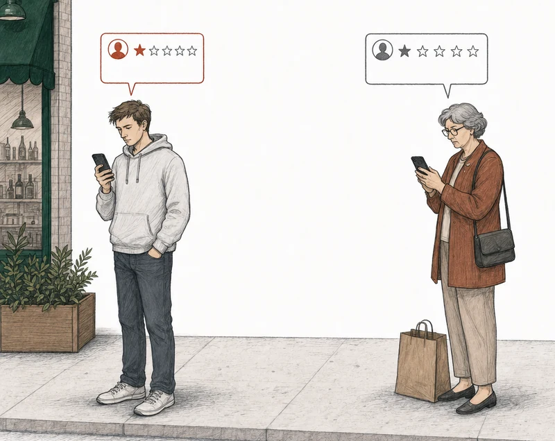 Illustration: two people on the pavement, each posting a one-star review from a phone. At the left, by the green-awning shop, a young man in a gray hooded sweatshirt whose review is not based on a real experience; his review card is drawn in red. At the right, apart from him, an older customer with a shopping bag who waited too long; her review card is drawn in plain gray. Labels: No real experience, Waited too long.