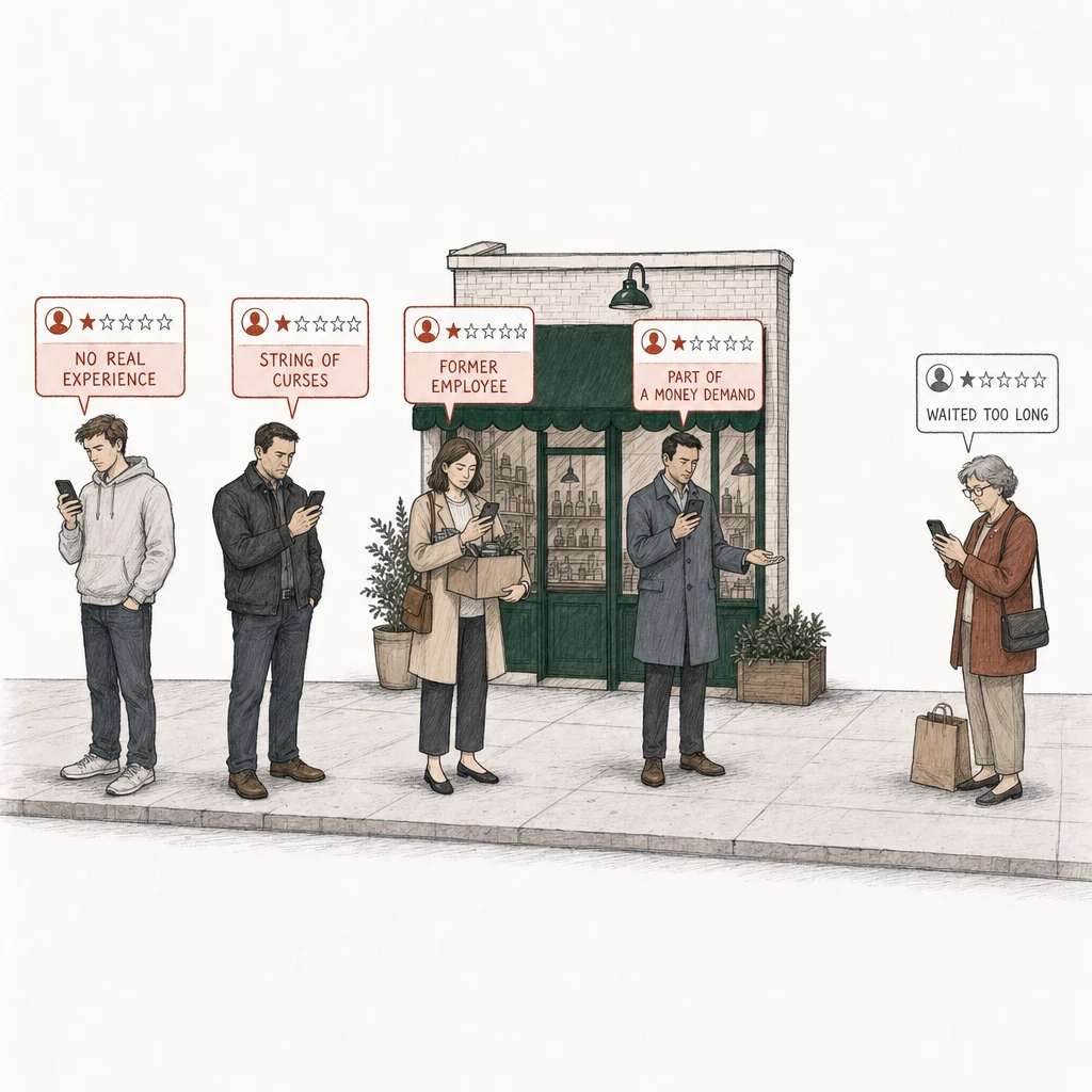 Illustration: a street with a small shop under a green awning. Five people stand on the pavement, each posting a one-star review from a phone. Four stand together and their review cards are drawn in red, each labelled with the kind of review it is: No real experience, a young man in a gray hooded sweatshirt; String of curses, a man in a dark jacket; Former employee, a woman in a beige coat with a cardboard box of belongings under one arm; Part of a money demand, a man in an overcoat with his hand held out palm up. At the far right, apart from them, an older customer with a shopping bag posts a one-star review drawn in plain gray, labelled Waited too long.