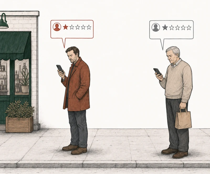 Illustration: two people on the pavement, each posting a one-star review from a phone. At the left, by the green-awning shop, a man in a rust coat; his review card is drawn in red. At the right, apart from him, an older man with a paper bag; his review card is drawn in plain gray. Labels: Google said no, No grounds.