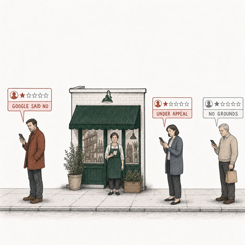 Illustration: a street with a small shop under a green awning. The owner stands in the doorway in the shop's green apron, holding a plain paper slip. Three people stand on the pavement, each with a one-star review above a phone. The man in a rust coat has a red card labeled Google said no. Google declined the appeal on his review. The woman in a slate cardigan has a red card labeled Under appeal, still waiting on Google. At the far right, apart from them, an older man with a paper bag has a plain gray card labeled No grounds. His review had no grounds for removal, so no appeal was sold and there's nothing to refund.