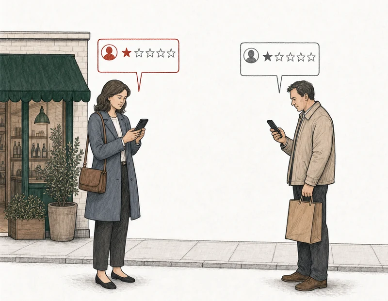 Illustration: two people on the pavement, each posting a one-star review from a phone. At the left, by the green-awning shop, a woman in a slate coat; her review card is drawn in red. At the right, apart from her, a man with a paper bag; his review card is drawn in plain gray. Labels: Breaks a policy, Breaks no policy.