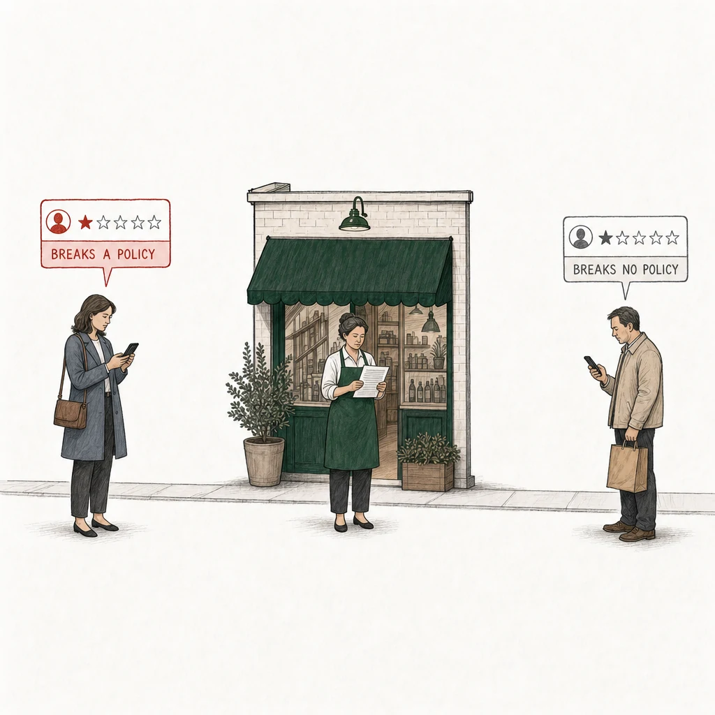Illustration: a street with a small shop under a green awning. The owner stands in front of it in her apron, reading a printed sheet of terms. On the pavement two people post one-star reviews from their phones. At the left, a woman in a slate coat; her review card is drawn in red and labeled Breaks a policy. At the right, apart from her, a man with a paper bag; his card is drawn in plain gray and labeled Breaks no policy.