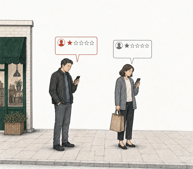 Illustration: two people on the pavement, each posting a one-star review from a phone. At the left, by the green-awning shop, a man in a dark jacket; his review card is drawn in red. At the right, apart from him, a woman with a shopping bag; her review card is drawn in plain gray. Labels: Posts manager's home address, Rude manager, never again.