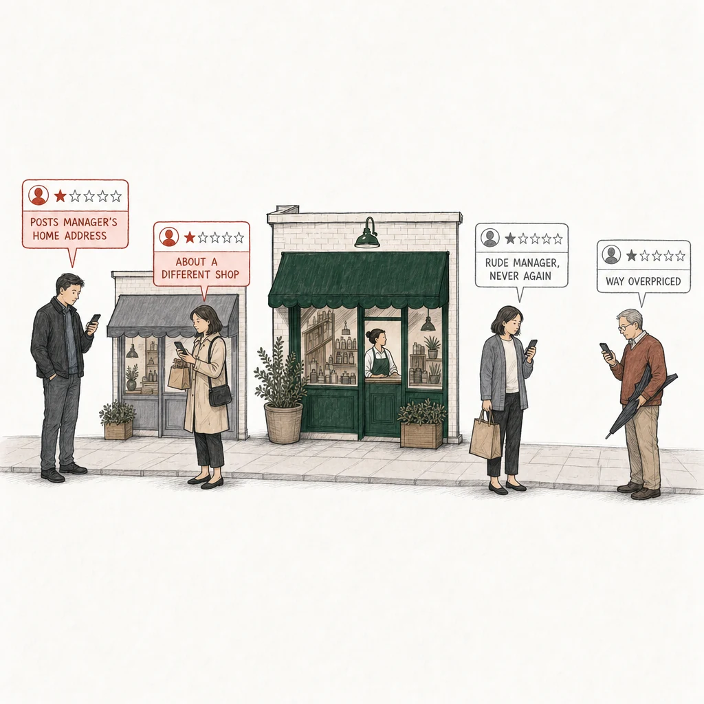Illustration: a street with a small shop under a green awning and a smaller shop under a gray awning beside it. Four people stand on the pavement, each posting a one-star review from a phone. Two of the review cards are drawn in red and labelled with what breaks a policy: Posts manager's home address, a man in a dark jacket; About a different shop, a woman with a paper bag in front of the gray-awning shop. At the right, apart from them, two ordinary customers post one-star reviews drawn in plain gray: Rude manager, never again, a woman with a shopping bag; Way overpriced, an older man with an umbrella.