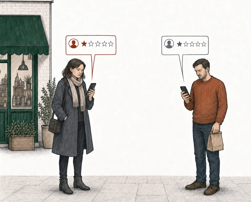 Illustration: two people on the pavement, each reading a one-star review on a phone. At the left, by the green-awning shop, a woman in a dark coat; her review card is drawn in red. At the right, apart from her, a man with a takeaway bag; his review card is drawn in plain gray. Labels: Slur in the text, Cold food, long wait.