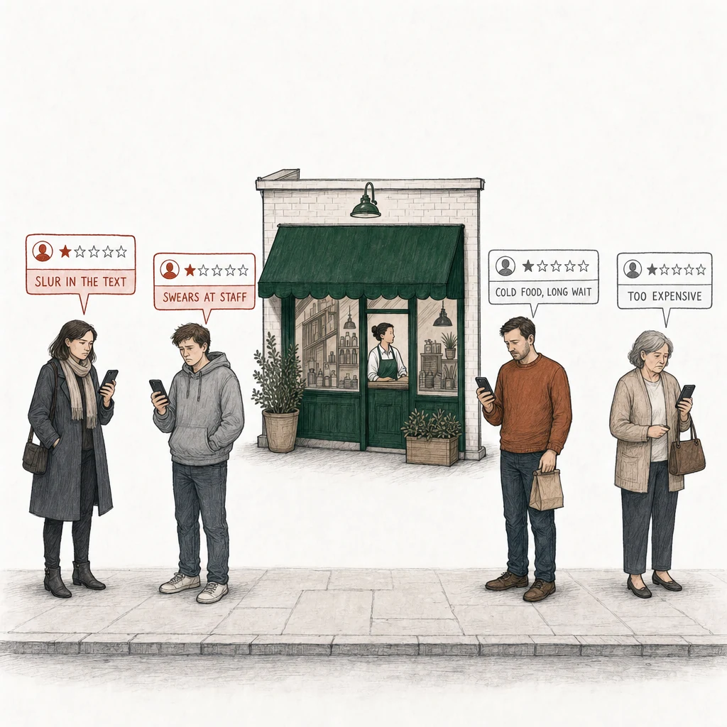 Illustration: a street with a small shop under a green awning. Four people stand on the pavement, each reading a one-star review on a phone. Two of the review cards are drawn in red and labelled with what breaks a policy: Slur in the text, a woman in a dark coat; Swears at staff, a young man in a hooded sweatshirt. At the right, apart from them, two ordinary customers hold one-star reviews drawn in plain gray: Cold food, long wait, a man with a takeaway bag; Too expensive, an older woman with a handbag.