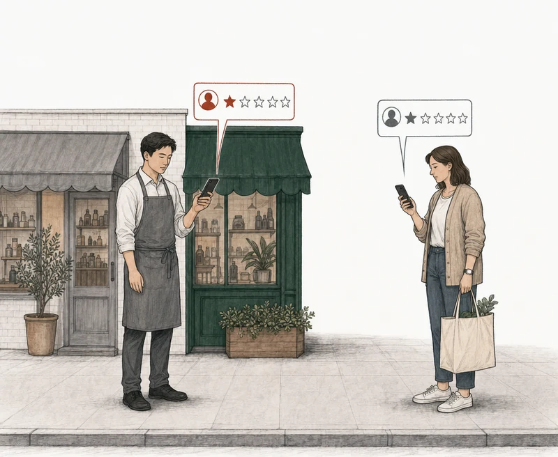 Illustration: two people on the pavement, each posting a one-star review from a phone. At the left, by his own gray-awning shop beside the green one, a man in a gray apron; his review card is drawn in red. At the right, apart from him, a woman with a shopping bag; her review card is drawn in plain gray. Labels: Rival shop owner, Waited an hour.