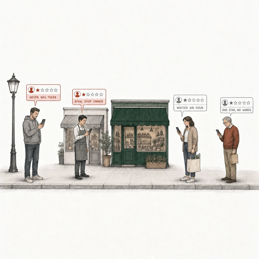 Illustration: a street with a small shop under a green awning. Four people stand on the pavement, each posting a one-star review from a phone. Two of the review cards are drawn in red and labelled with what breaks a policy: Never was there, a man in a hooded sweatshirt standing apart from the shop; Rival shop owner, a man in a gray apron outside his own gray-awning shop. At the right, apart from them, two ordinary customers post one-star reviews drawn in plain gray: Waited an hour, a woman with a shopping bag; One star, no words, an older man with a paper bag.