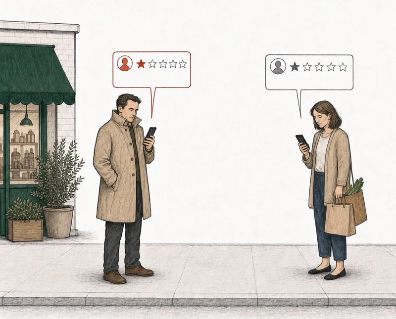 Illustration: two people on the pavement, each posting a one-star review from a phone. At the left, by the green-awning shop, a man in a plain coat; his review card is drawn in red. At the right, apart from him, a woman with a shopping bag; her review card is drawn in plain gray. Labels: Unproven crime claim, Real bad visit.