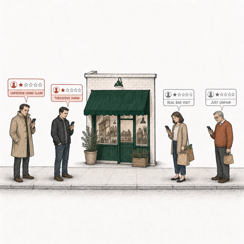 Illustration: a street with a small shop under a green awning. Four people stand on the pavement, each posting a one-star review from a phone. Two of the review cards are drawn in red and labelled with what breaks a policy: Unproven crime claim, a man in a plain coat; Threatens harm, a man in a dark jacket. At the right, apart from them, two ordinary customers post one-star reviews drawn in plain gray: Real bad visit, a woman with a shopping bag; Just unfair, an older man with a paper bag.