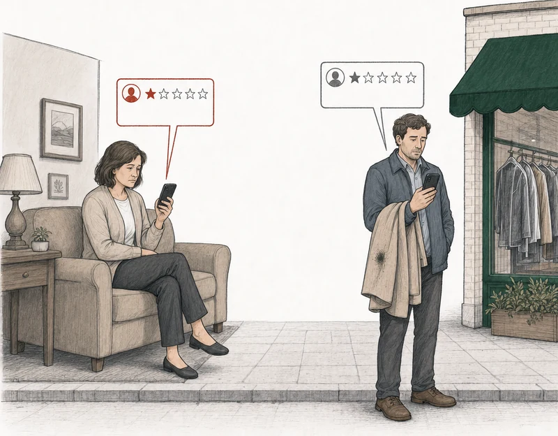 Illustration: two people, each posting a one-star review from a phone. At the left, a woman in an armchair at home who has never been to the shop; her review card is drawn in red. At the right, apart from her, by the green-awning dry cleaner, a customer holding a coat with a stain on its collar; his review card is drawn in plain gray. Labels: Never visited, Real customer.