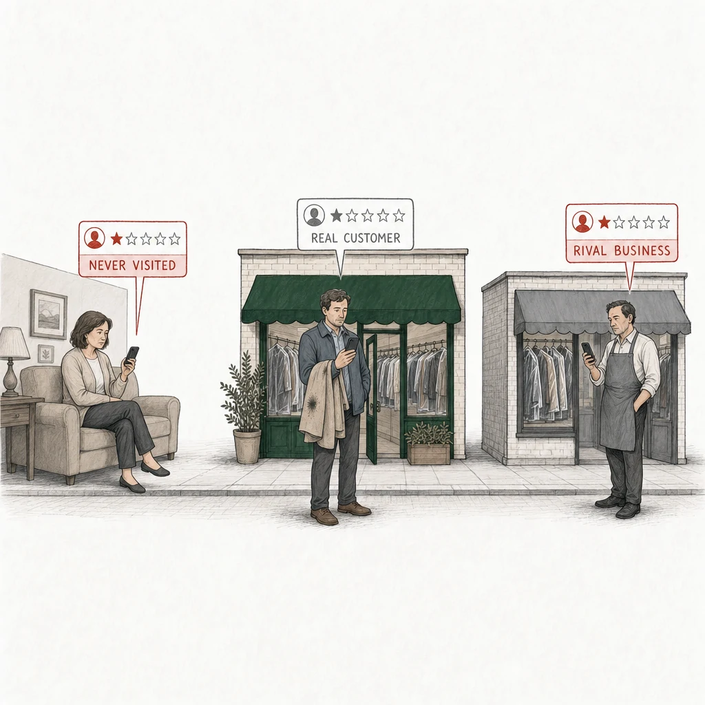 Illustration: a dry cleaner under a green awning and, a few steps along, a rival dry cleaner under a gray awning. Three people, each posting a one-star review from a phone. Two of the review cards are drawn in red and labelled with who the writer is: Never visited, a woman in an armchair at home, far from the shop; Rival business, the rival cleaner's owner in a gray apron outside his own shop. On the pavement in front of the green shop's door, a customer holding a coat with a stain on its collar posts a one-star review drawn in plain gray, labelled Real customer.