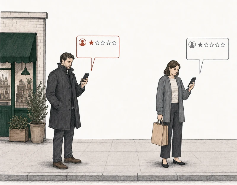Illustration: two people on the pavement, each posting a one-star review from a phone. At the left, by the green-awning shop, a man in a dark coat; his review card is drawn in red. At the right, apart from him, a woman with a shopping bag; her review card is drawn in plain gray. Labels: Pay us or more come, Waited forever.