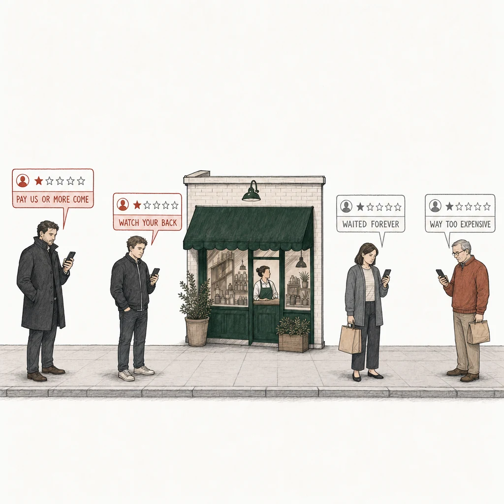 Illustration: a street with a small shop under a green awning. Four people stand on the pavement, each posting a one-star review from a phone. Two of the review cards are drawn in red and labelled with what you report: Pay us or more come, a man in a dark coat; Watch your back, a man in a dark jacket. At the right, apart from them, two ordinary customers post one-star reviews drawn in plain gray, the ones you answer: Waited forever, a woman with a shopping bag; Way too expensive, an older man with a paper bag.