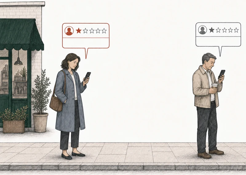 Illustration: two people on the pavement, each posting a one-star review from a phone. At the left, by the green-awning shop, a woman in a slate coat with a shoulder bag; her review card is drawn in red. At the right, apart from her, a man in a beige jacket holding a coffee cup; his review card is drawn in plain gray. Labels: Breaks a policy, Breaks no policy.
