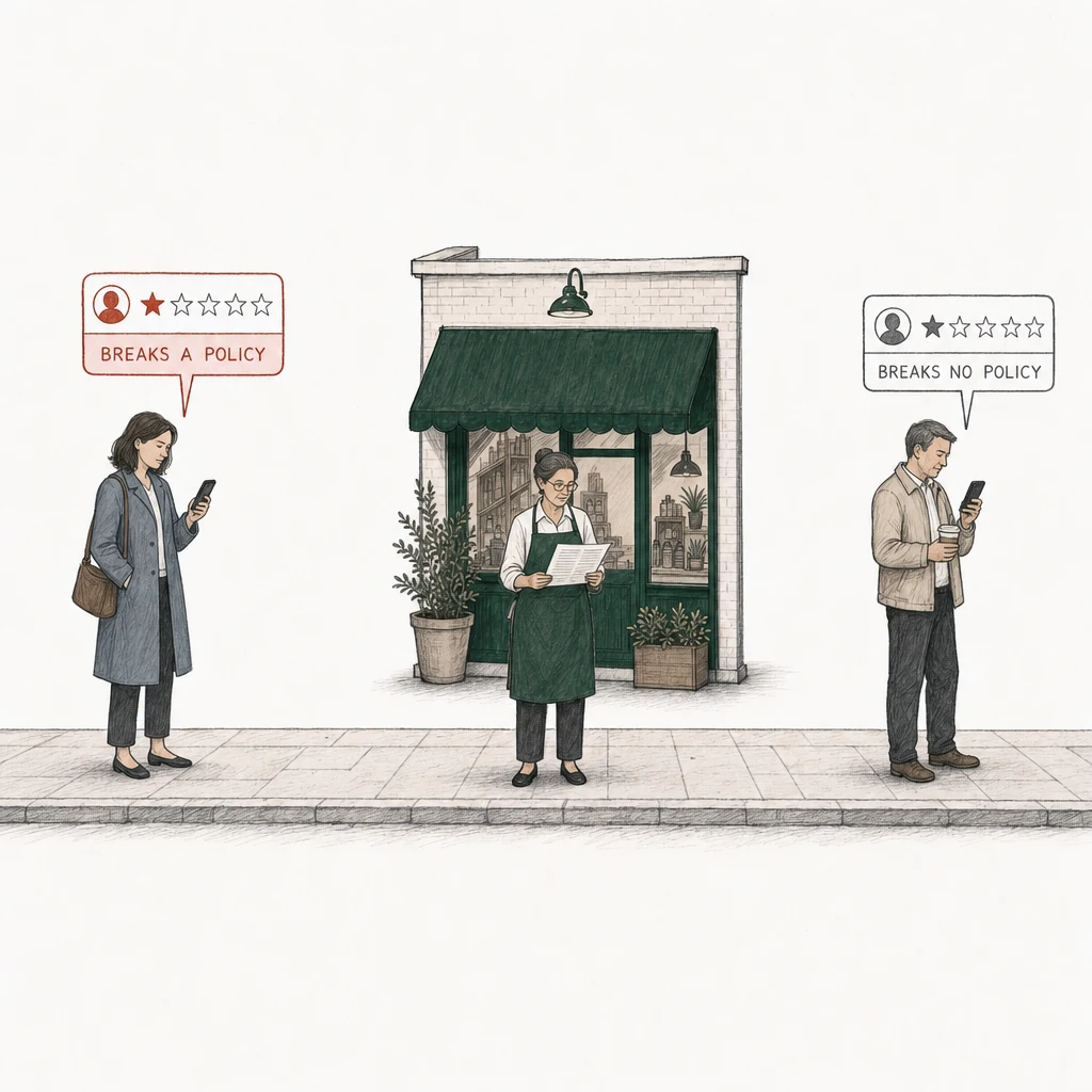 Illustration: a street with a small shop under a green awning. The owner stands in front of it in her apron, reading a printed sheet of terms. On the pavement two people post one-star reviews from their phones. At the left, a woman in a slate coat with a shoulder bag; her review card is drawn in red and labeled Breaks a policy. At the right, apart from her, a man in a beige jacket holding a coffee cup; his card is drawn in plain gray and labeled Breaks no policy.