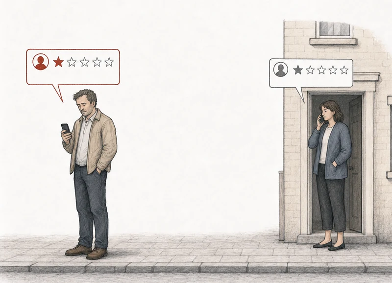 Illustration: two people, each with a one-star review card above them. At the left, alone on the pavement, a man looking at his phone who has never dealt with the company; his card is drawn in red. At the right, apart from him, a woman in the doorway of her house, on a phone call; her card is drawn in plain gray. Labels: No experience, Called for a quote.