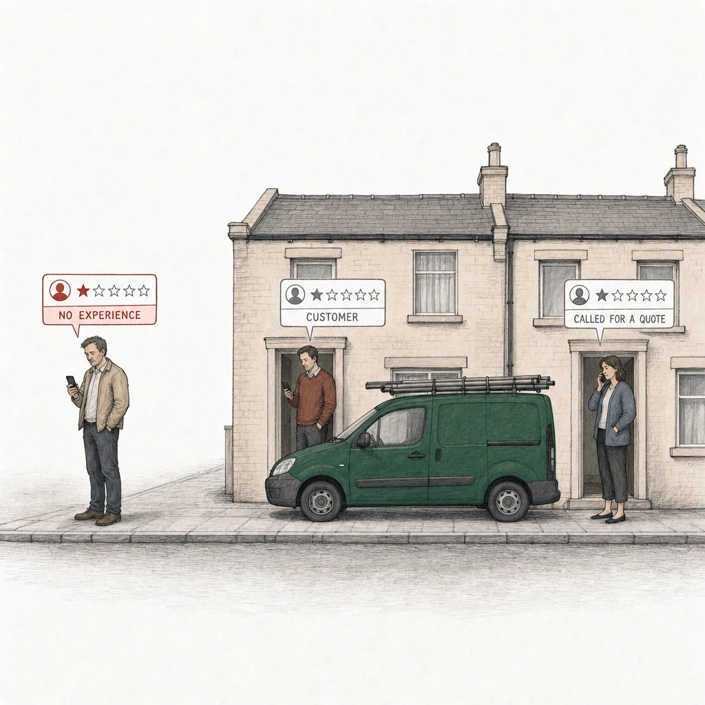 Illustration: a residential street with a plumbing company's green van parked outside a house. Three people, each with a one-star review card above them. At the far left, alone, a man looking at his phone who has never dealt with the company; his card is drawn in red and labelled No experience. At the door of the house with the van, the homeowner, looking at his phone; his card is drawn in plain gray and labelled Customer. At the door of the house next door, a woman on a phone call; her card is drawn in plain gray and labelled Called for a quote.