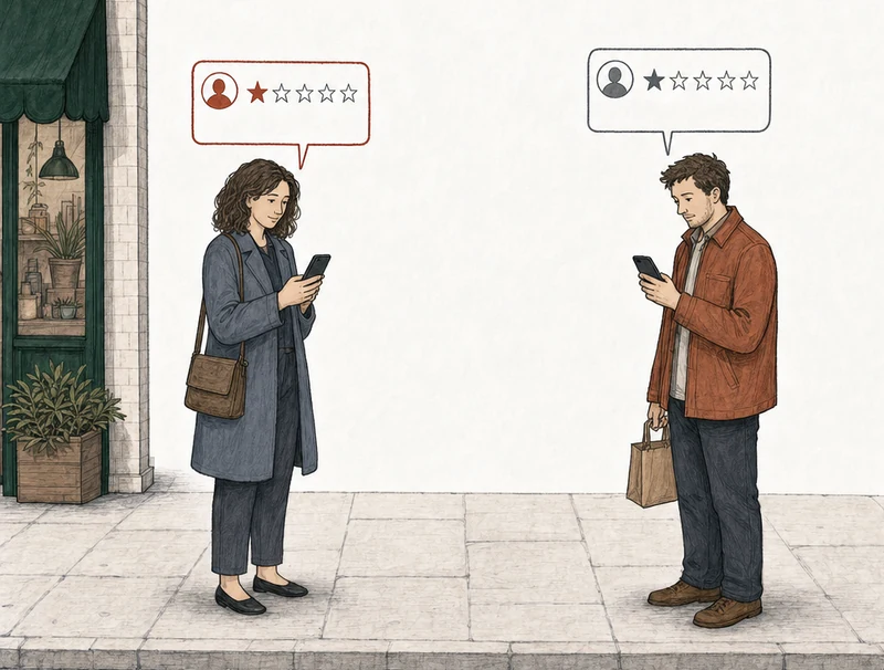 Illustration: two people on the pavement, each posting a one-star review from a phone. At the left, by the green-awning shop, a woman in a slate coat; her review card is drawn in red. At the right, apart from her, a man in a rust coat with a paper bag; his review card is drawn in plain gray. Labels: Has grounds, No grounds.
