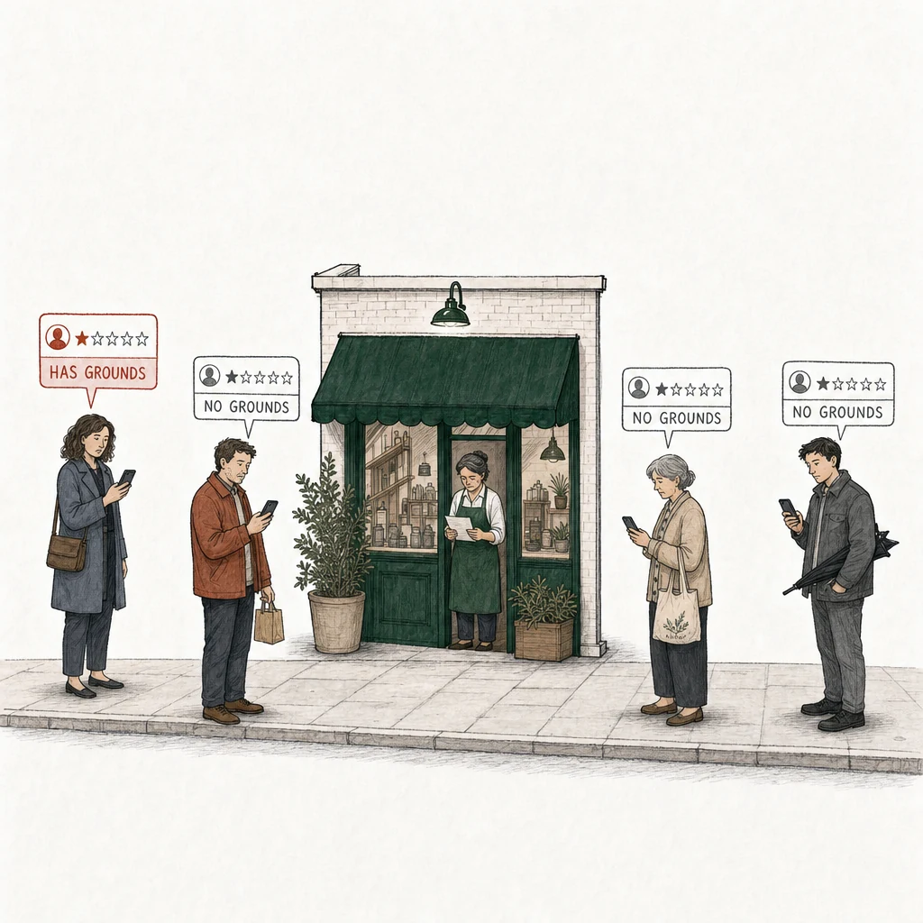 Illustration: a street with a small shop under a green awning. The owner stands in the doorway in the shop's green apron, looking down at a plain sheet of paper. Four people stand on the pavement, each with a one-star review above a phone. The woman in a slate coat has a red card labeled Has grounds. Apart from her, a man in a rust coat with a paper bag, an older woman with a cloth bag and a young man with an umbrella each have a plain gray card labeled No grounds. Their reviews have no grounds for removal, so they stay up.