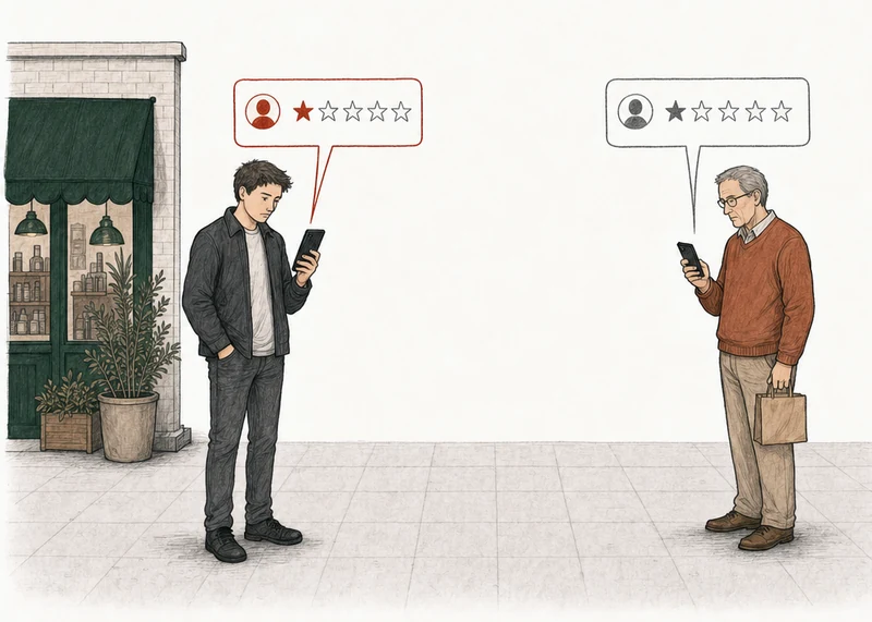 Illustration: two people on the pavement, each posting a one-star review from a phone. At the left, by the green-awning shop, a young man in a dark jacket; his review card is drawn in red. At the right, apart from him, an older man with a paper bag; his review card is drawn in plain gray. Labels: Breaks a policy, Breaks no policy.