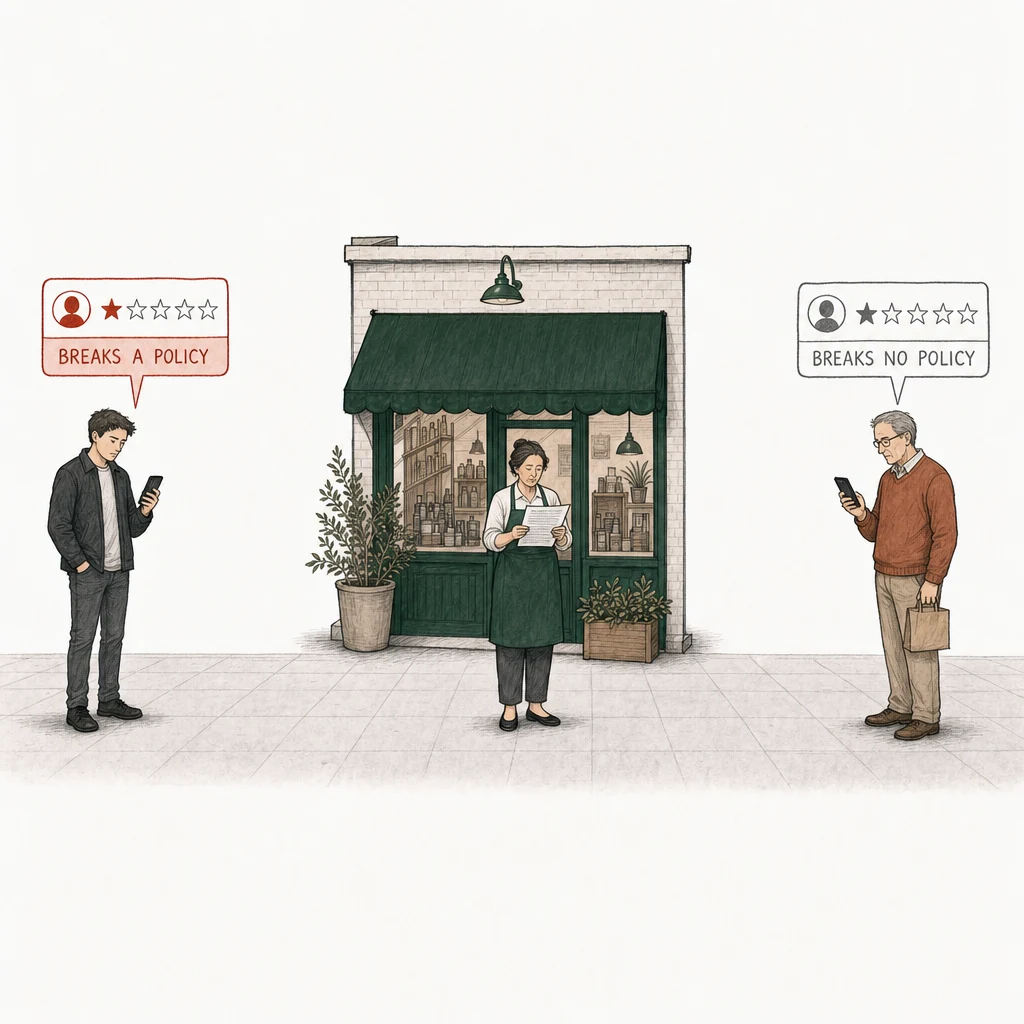 Illustration: a street with a small shop under a green awning. The owner stands in front of it in her apron, reading a printed sheet of terms. On the pavement two people post one-star reviews from their phones. At the left, a young man in a dark jacket; his review card is drawn in red and labeled Breaks a policy. At the right, apart from him, an older man with a paper bag; his card is drawn in plain gray and labeled Breaks no policy.