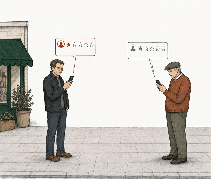 Illustration: two people on the pavement, each posting a one-star review from a phone. At the left, by the green-awning shop, a man in a dark jacket; his review card is drawn in red. At the right, apart from him, an older man in a flat cap; his review card is drawn in plain gray. Labels: String of curses, Never going back.