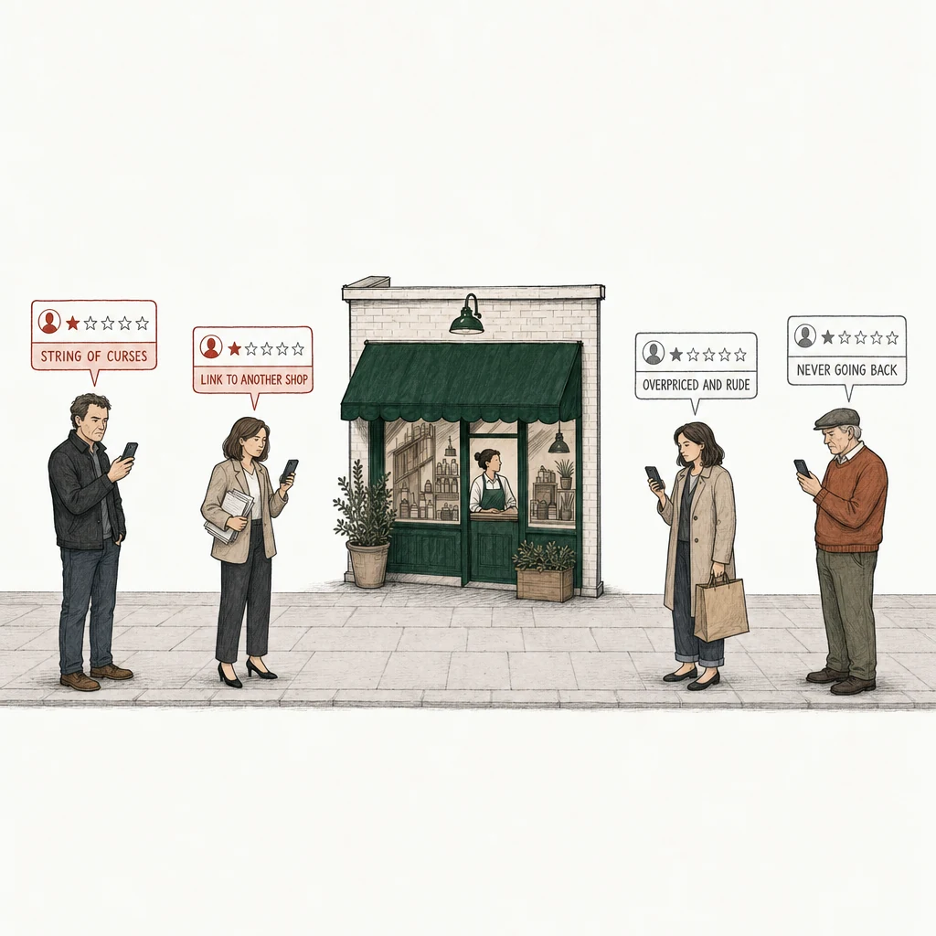 Illustration: a street with a small shop under a green awning. Four people stand on the pavement, each posting a one-star review from a phone. Two of the review cards are drawn in red and labelled with what breaks a policy: String of curses, a man in a dark jacket; Link to another shop, a woman holding a stack of flyers. At the right, apart from them, two ordinary customers post one-star reviews drawn in plain gray: Overpriced and rude, a woman with a shopping bag; Never going back, an older man in a flat cap.