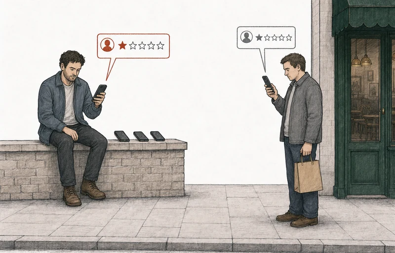 Illustration: two people on the pavement, each posting a one-star review from a phone. At the left, a man seated on a low wall with three more phones laid out beside him; his review card is drawn in red. At the right, apart from him, by the green-awning restaurant's door, a customer holding a takeaway bag; his review card is drawn in plain gray. Labels: Several accounts, Real customer.