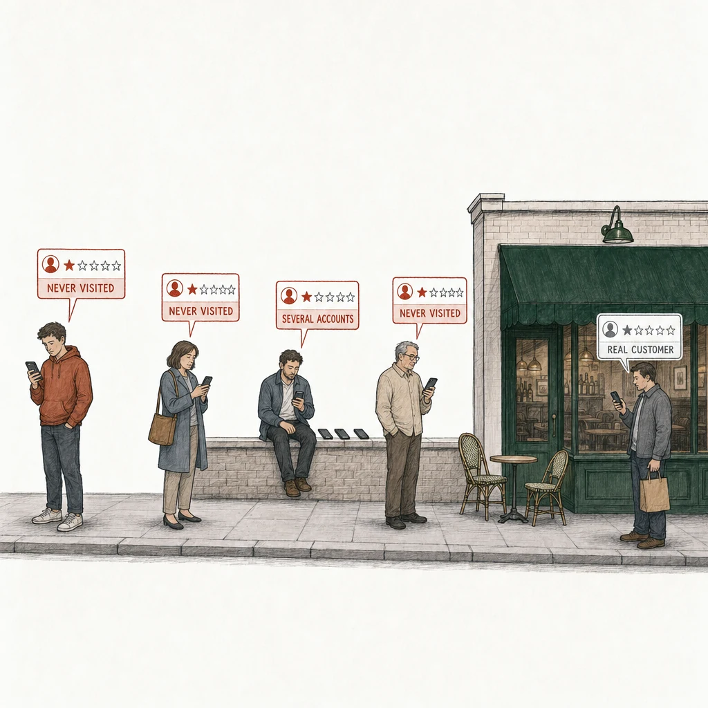 Illustration: a street with a small neighborhood restaurant under a green awning. Five people, each posting a one-star review from a phone. Four of the review cards are drawn in red. Three strangers stand along the pavement to the left of the restaurant, and each of their cards is labelled Never visited. A man sits on a low wall with three more phones laid out beside him, and his card is labelled Several accounts. At the right, just outside the restaurant's door, a customer holding a takeaway bag posts a one-star review drawn in plain gray, labelled Real customer.